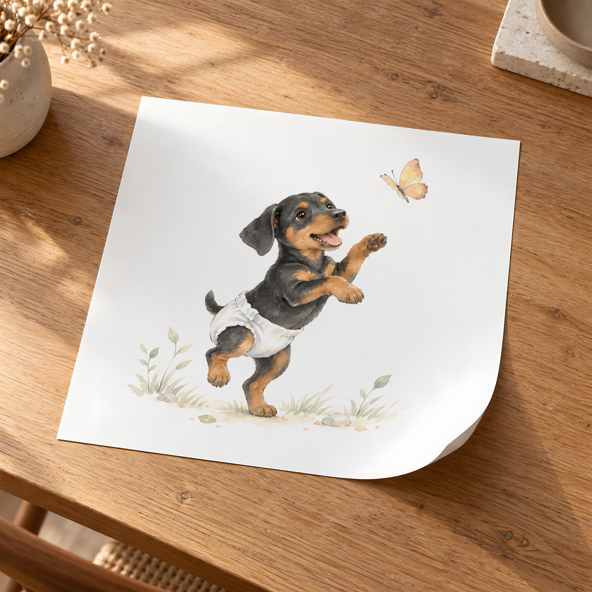 Petit dobermann en couche blanche tente de saisir un papillon : poster seul, 30 × 30 cm, en situation