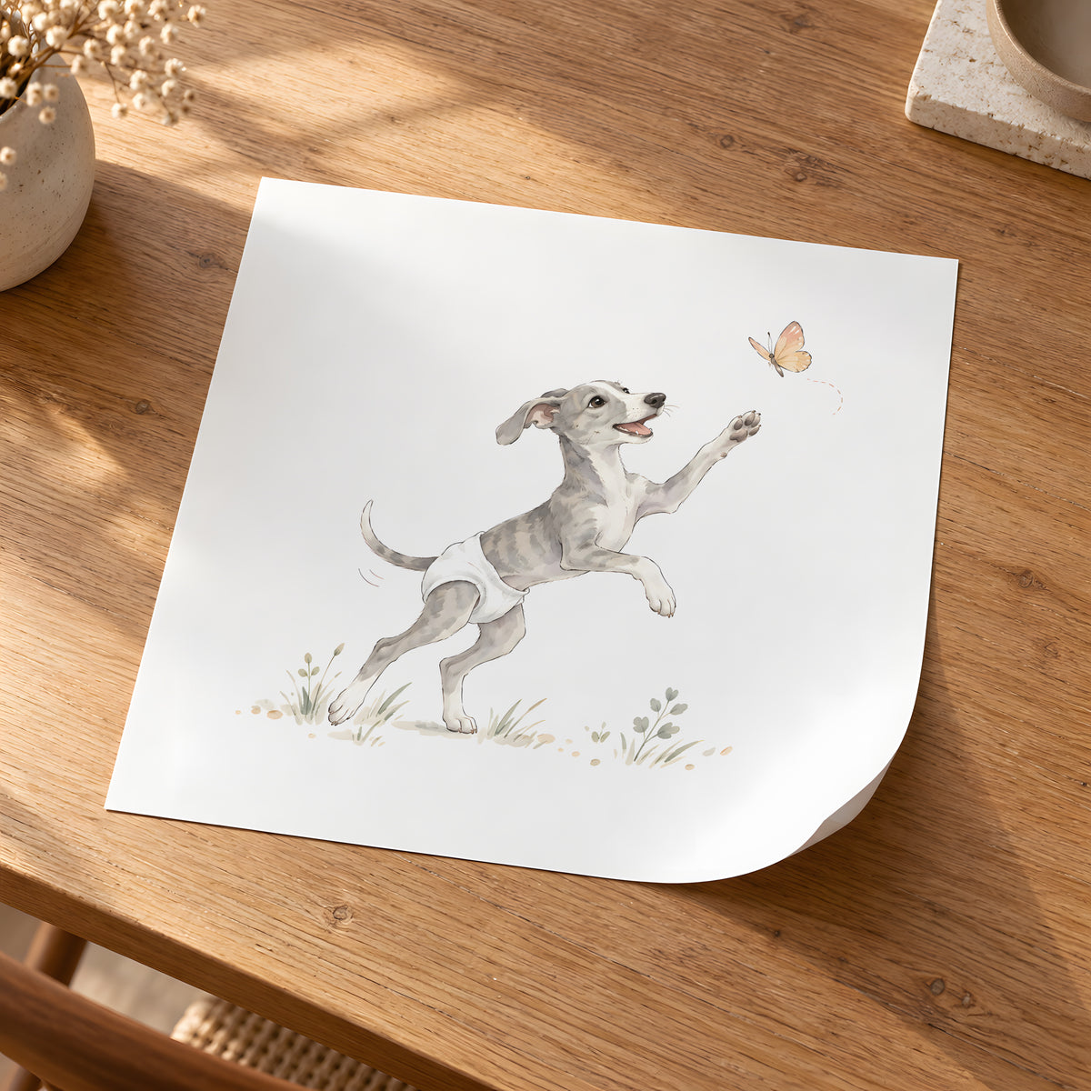 Bébé lévrier en couche blanche tend la patte vers un papillon : poster seul, 30 × 30 cm, en situation