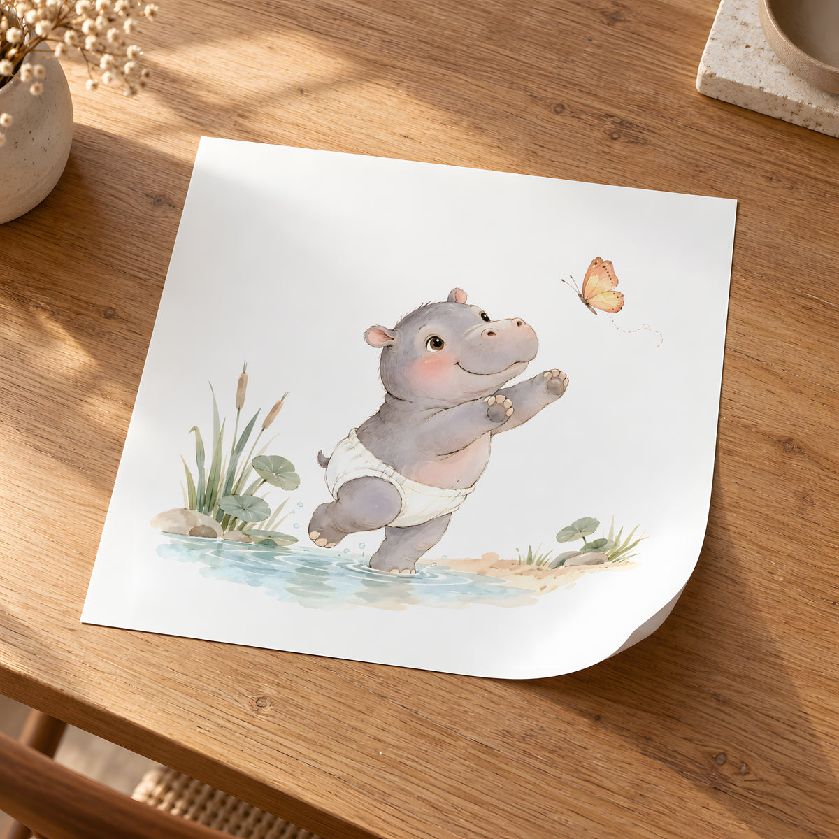 Bébé hippopotame en couche veut attraper un papillon près de l’eau : poster seul, 30 × 30 cm, en situation