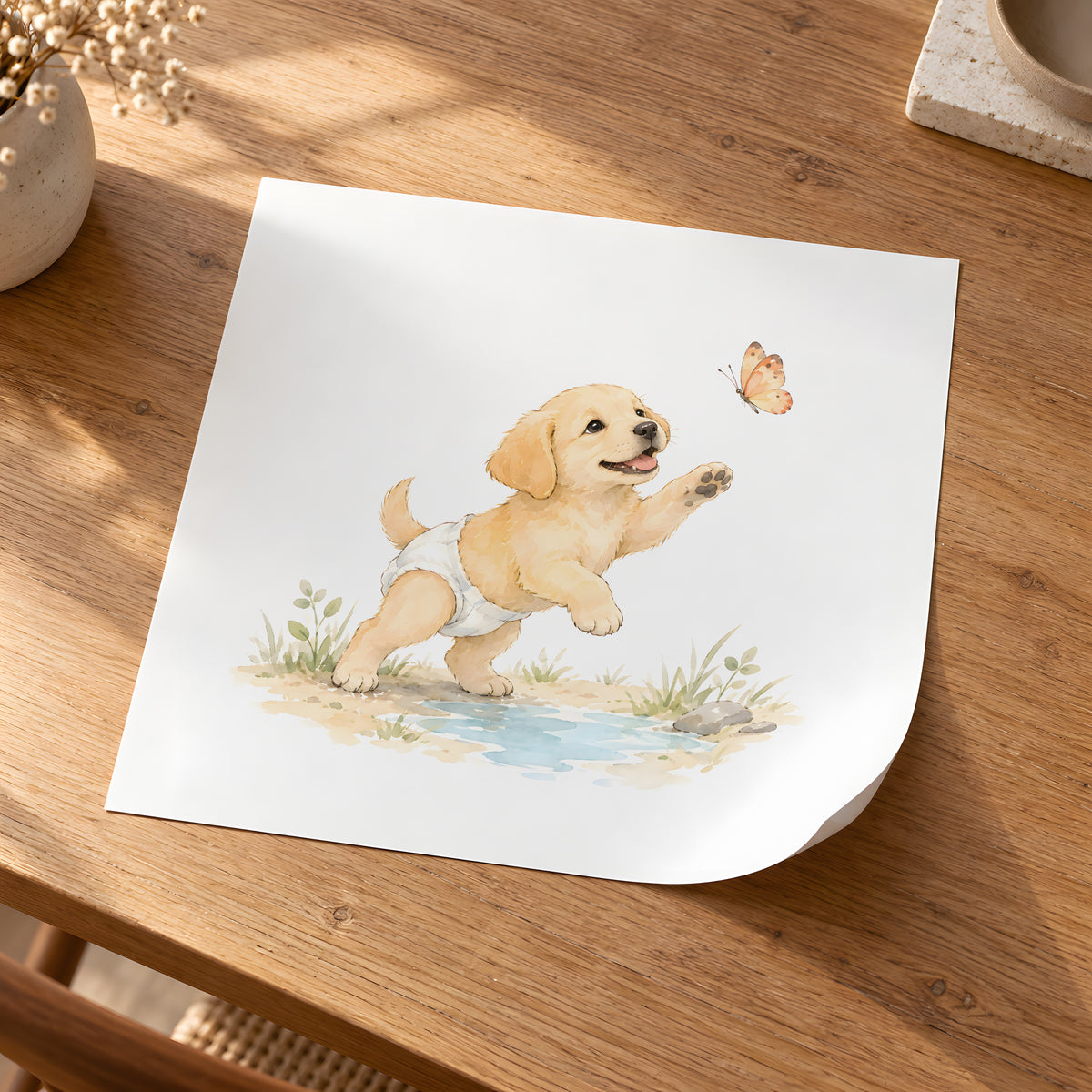 Chiot labrador jaune en couche blanche à la chasse au papillon : poster seul, 30 × 30 cm, en situation