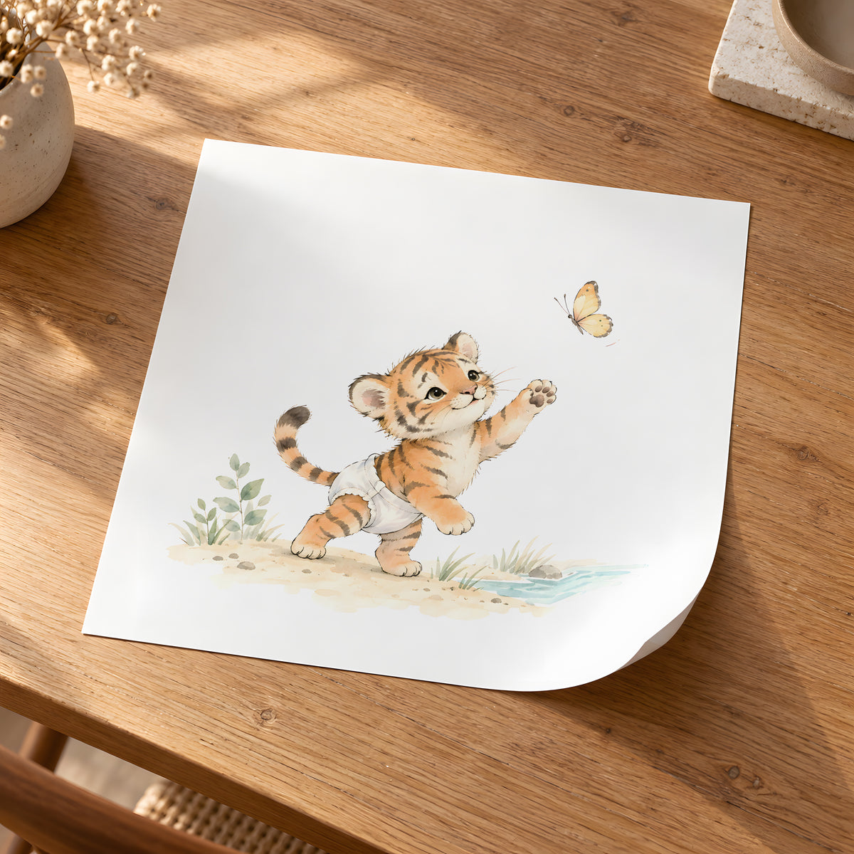 Bébé tigre en couche blanche à la poursuite d’un papillon : poster seul, 30 × 30 cm, en situation