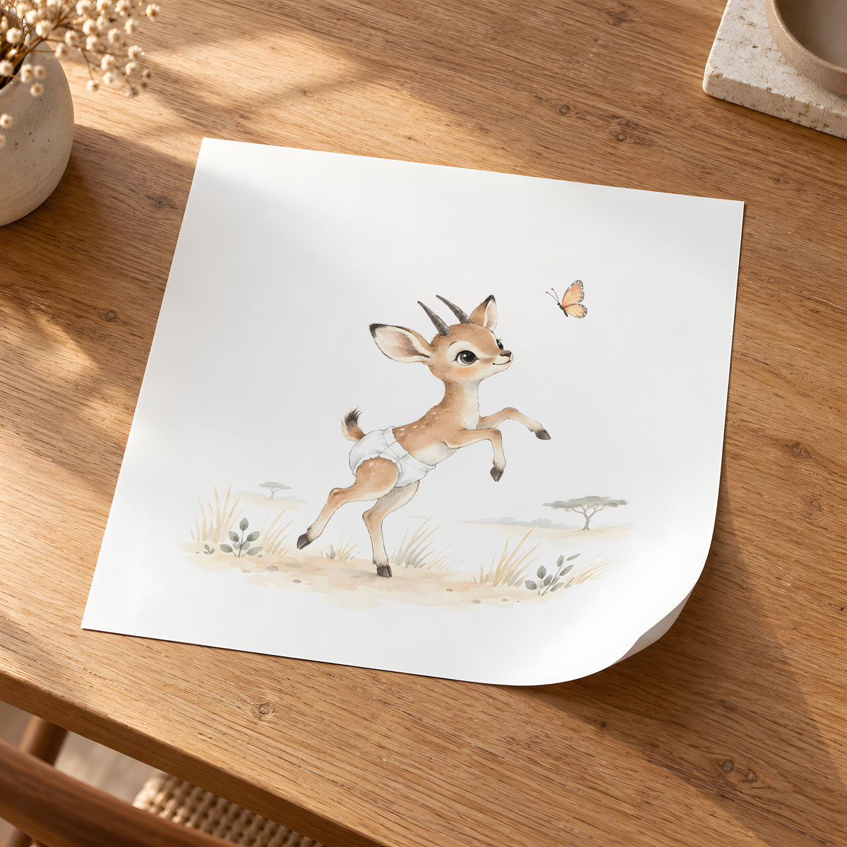 Petite antilope à la poursuite d’un papillon : poster seul, 30 × 30 cm, en situation