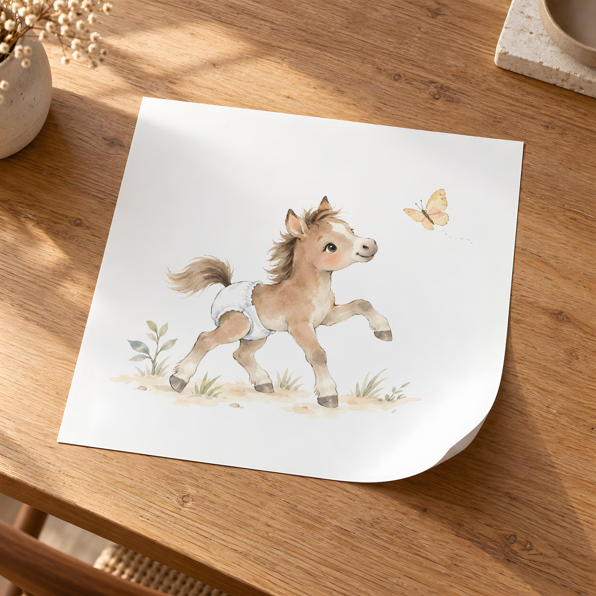 Un poulain en couche blanche poursuit un papillon dans le pré : poster seul, 30 × 30 cm, en situation