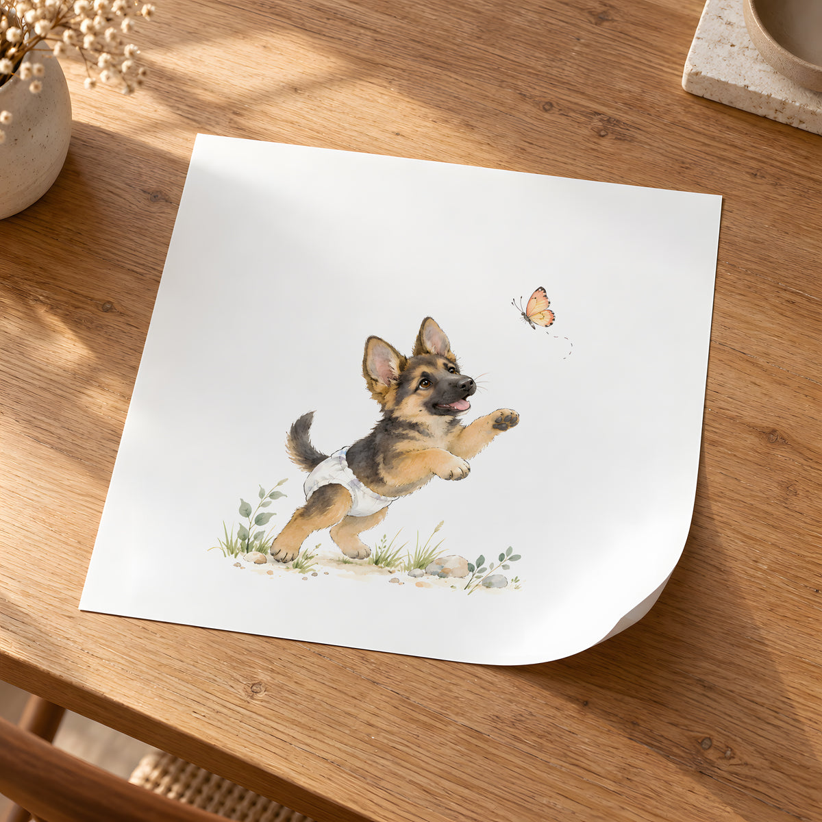 Chiot berger allemand en couche blanche tente d’attraper un papillon : poster seul, 30 × 30 cm, en situation