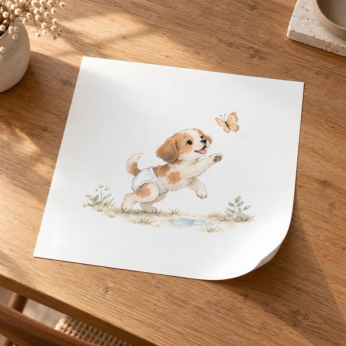 Chiot en couche blanche à la chasse au papillon : poster seul, 30 × 30 cm, en situation