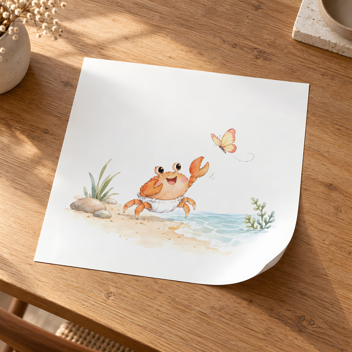 Bébé crabe en couche blanche lève ses pinces vers un papillon : poster seul, 30 × 30 cm, en situation