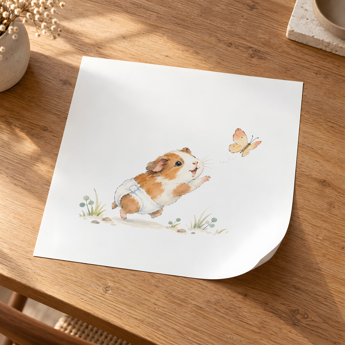 Baby Guinea Pig Reaches for a Butterfly in a White Diaper: unframed poster, 30 × 30 cm, styled in a room