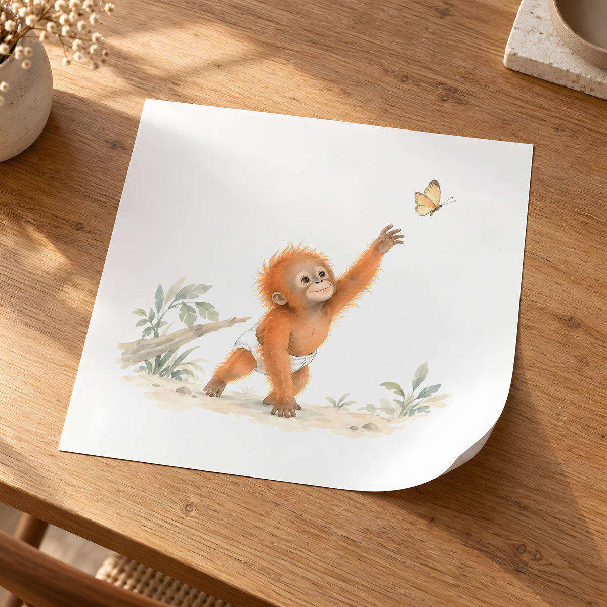 Bébé orang-outan en couche blanche tend la main vers un papillon : poster seul, 30 × 30 cm, en situation