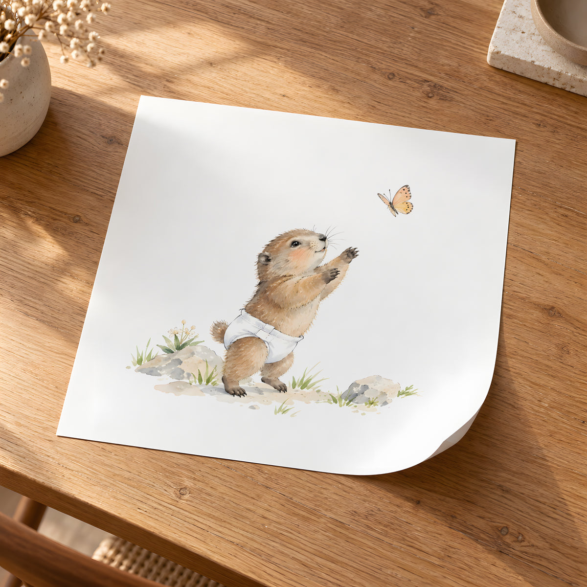 Bébé marmotte en couche blanche essaie de saisir un papillon : poster seul, 30 × 30 cm, en situation