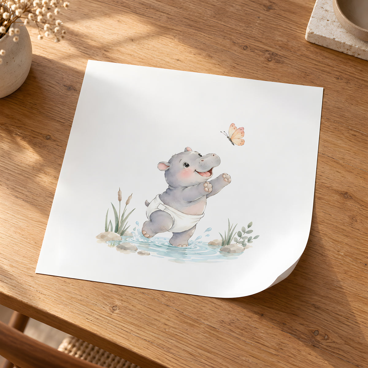 Bébé hippopotame en couche blanche chasse un papillon au bord de l’eau : poster seul, 30 × 30 cm, en situation