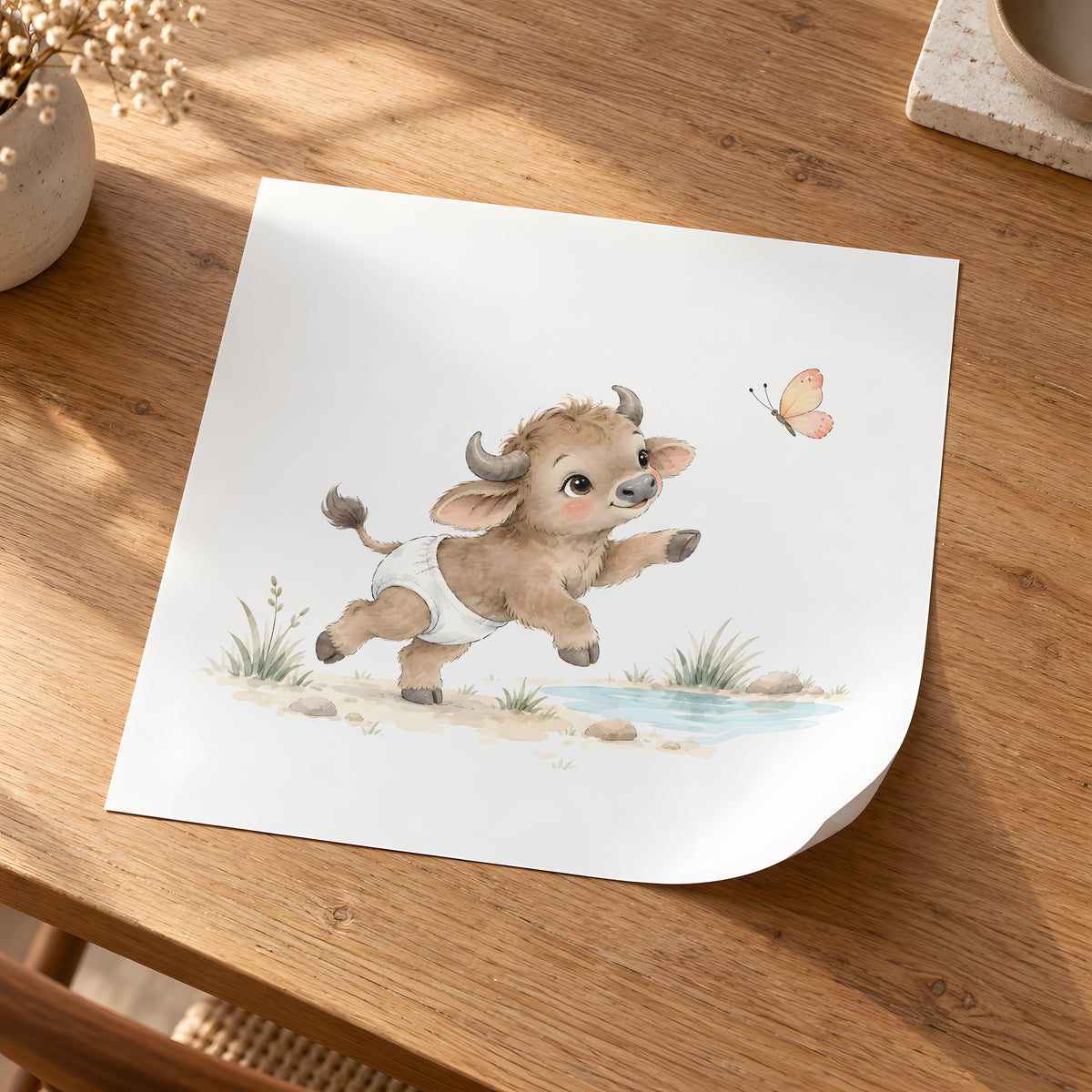 Bébé buffle en couche blanche tend les pattes vers un papillon : poster seul, 30 × 30 cm, en situation