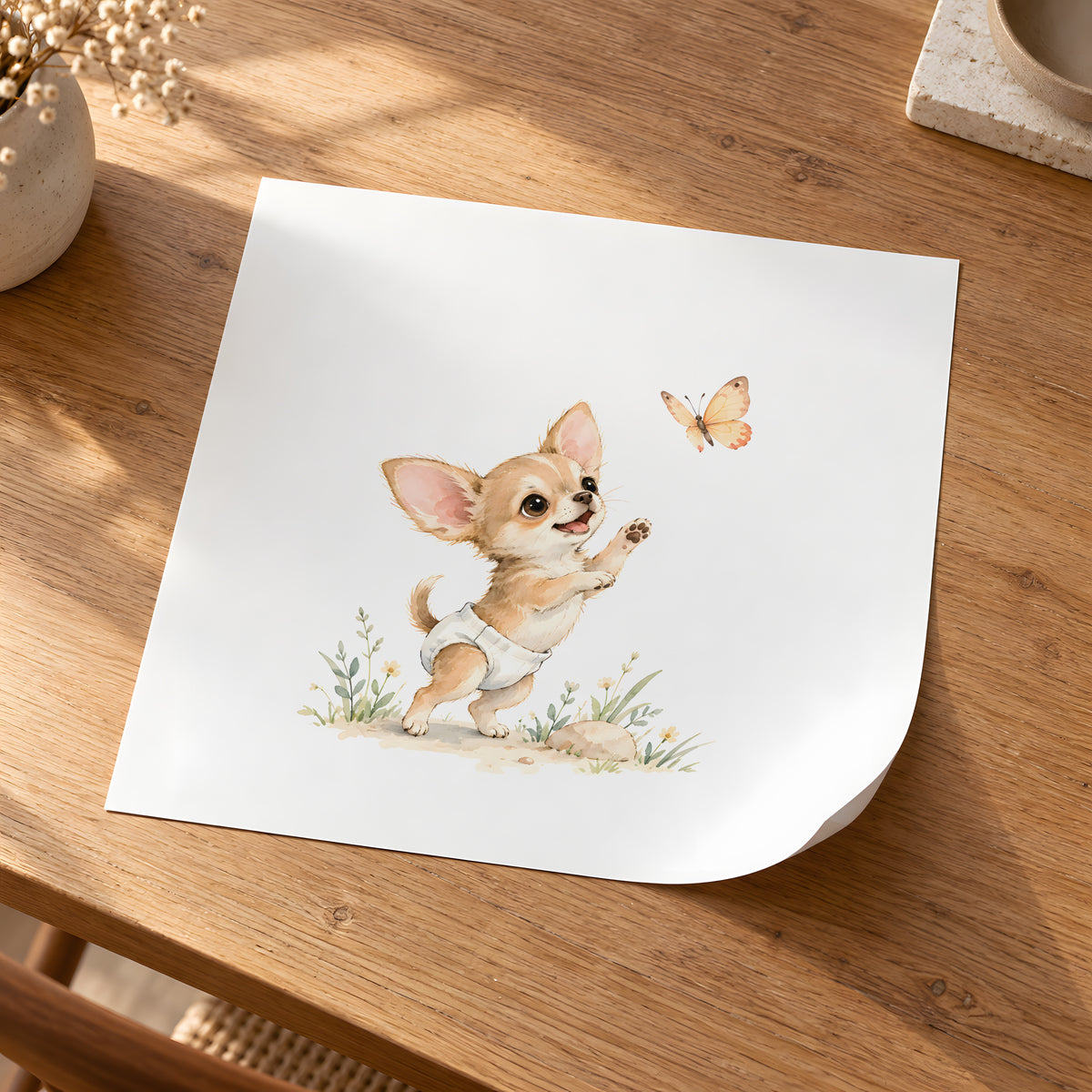 Petit chihuahua en couche blanche essaie de saisir un papillon : poster seul, 30 × 30 cm, en situation