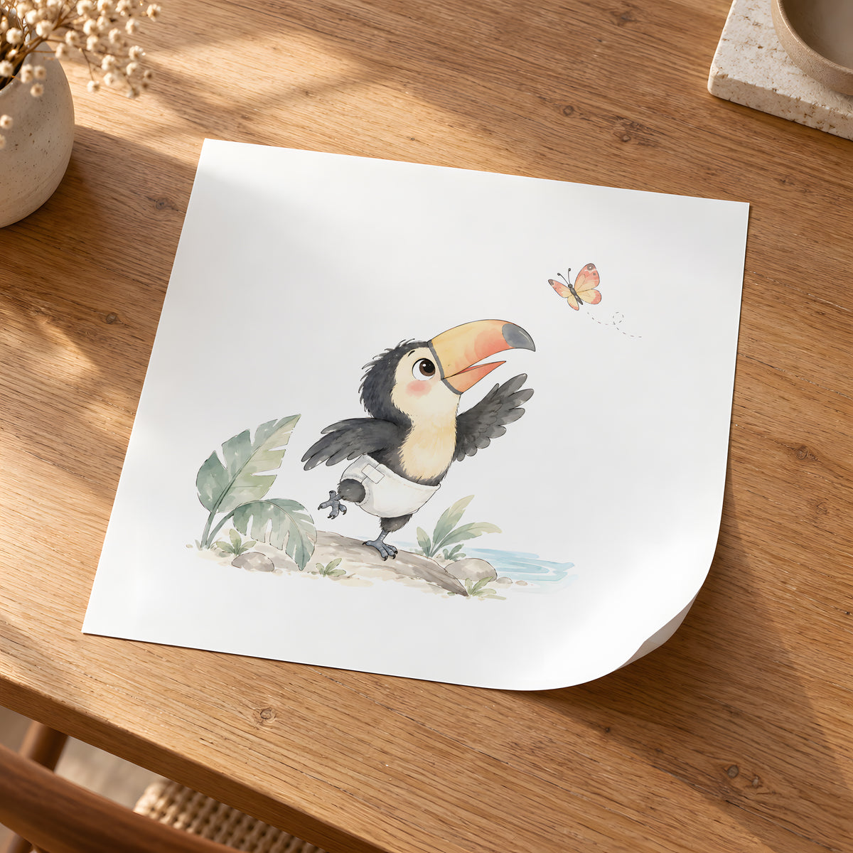 Bébé toucan en couche blanche tente d’attraper un papillon : poster seul, 30 × 30 cm, en situation