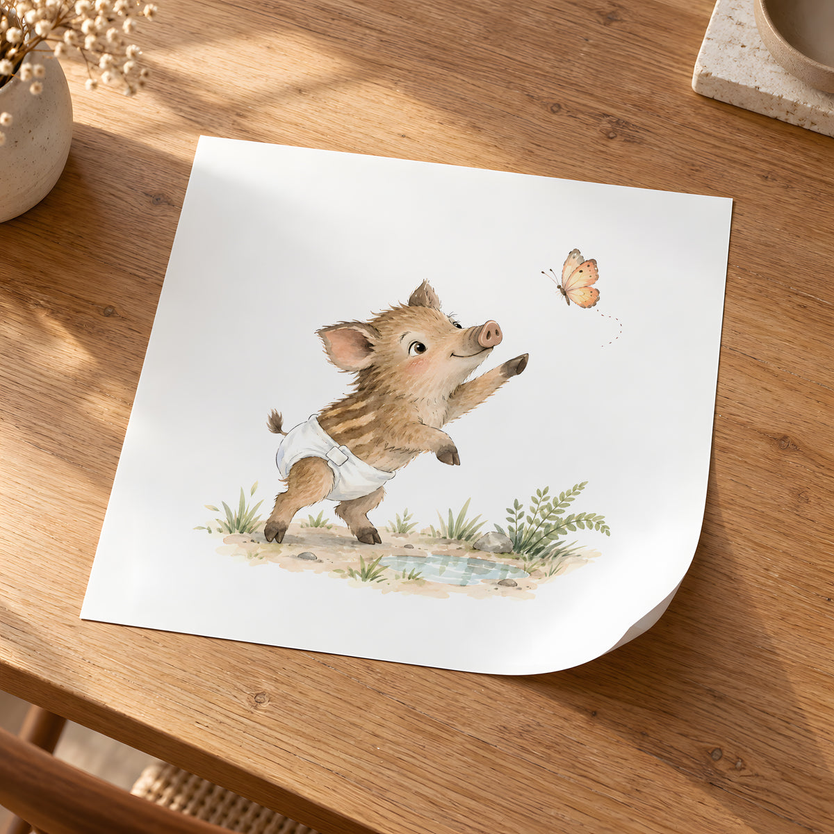 Petit marcassin en couche blanche tend la patte vers un papillon : poster seul, 30 × 30 cm, en situation