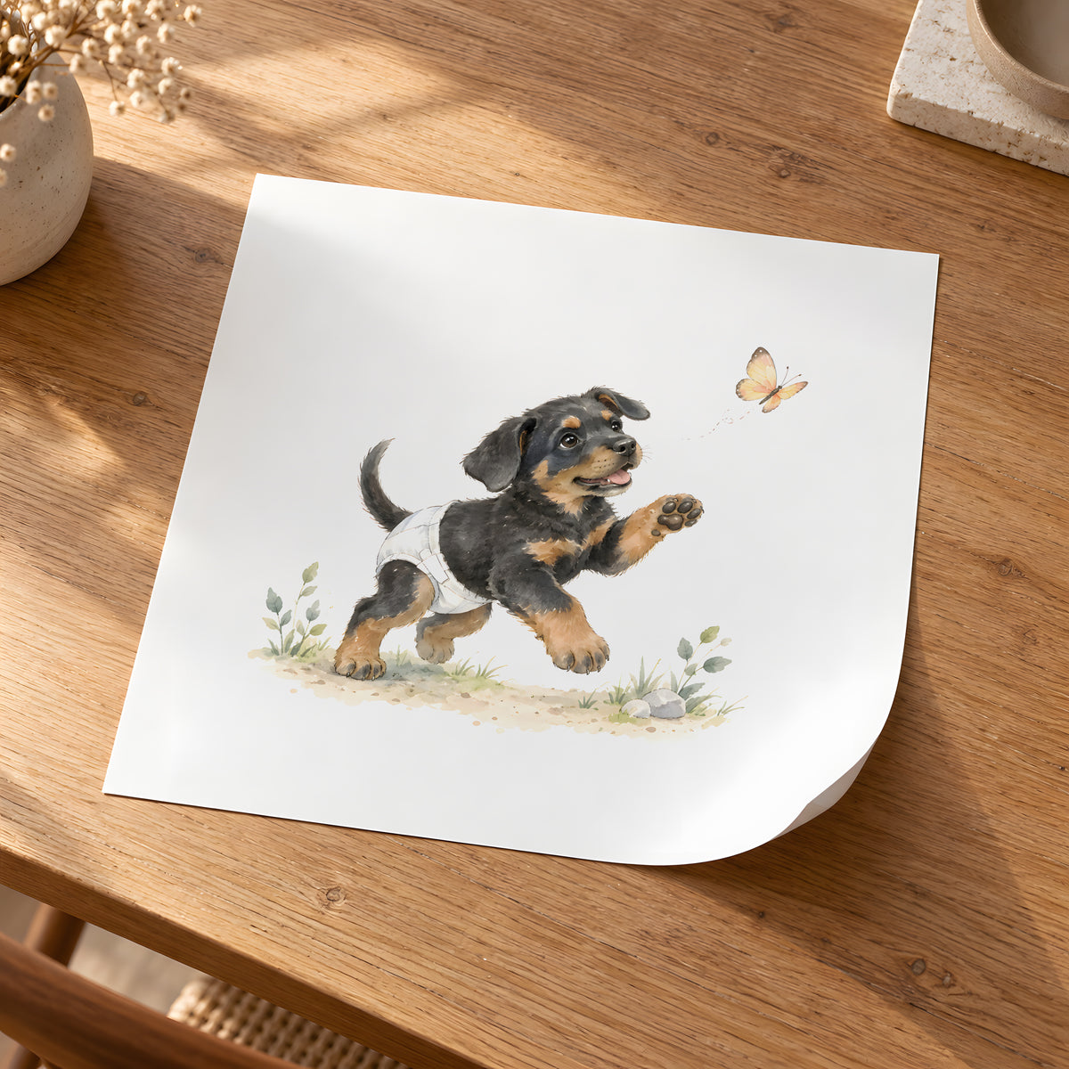 Bébé beauceron en couche blanche tend la patte vers un papillon : poster seul, 30 × 30 cm, en situation