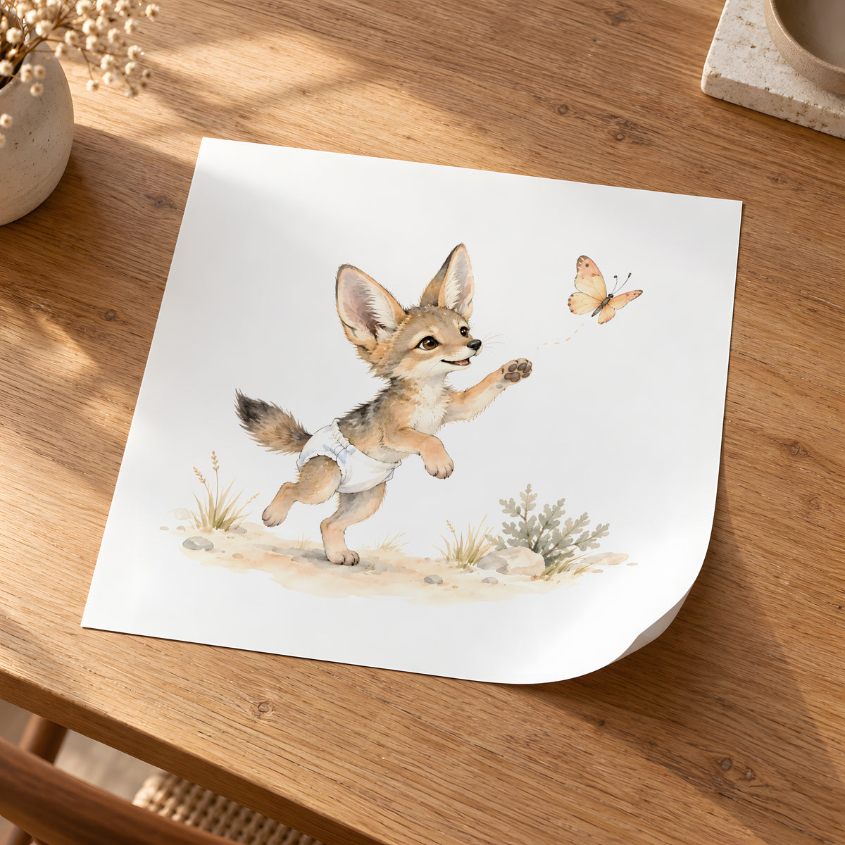 Bébé chacal essaie d’attraper un papillon en plein vol : poster seul, 30 × 30 cm, en situation