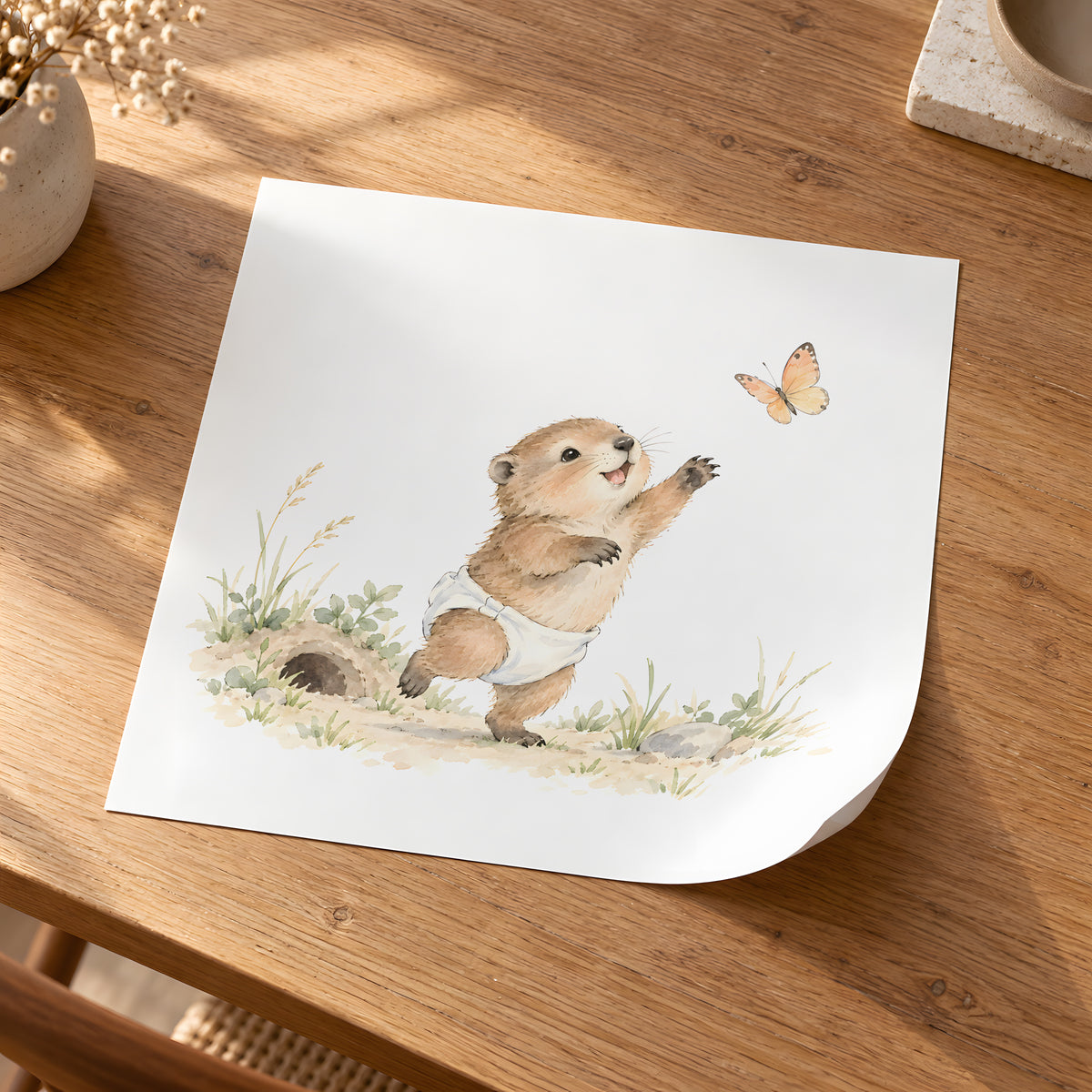 Bébé marmotte en couche blanche veut attraper le papillon : poster seul, 30 × 30 cm, en situation