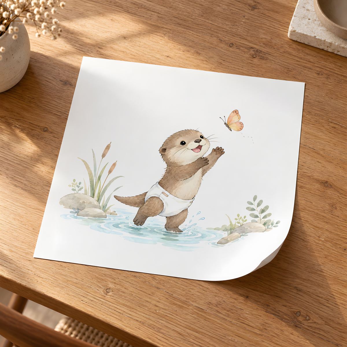 Bébé loutre tente d’attraper un papillon au bord de l’eau : poster seul, 30 × 30 cm, en situation