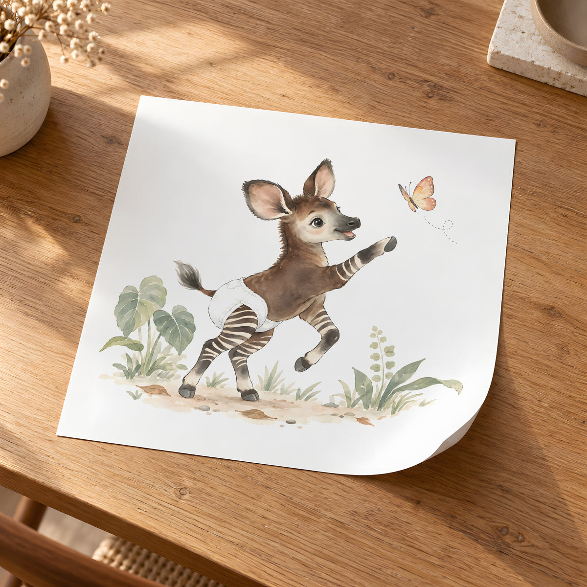 Bébé okapi en couche blanche tend le sabot vers un papillon : poster seul, 30 × 30 cm, en situation