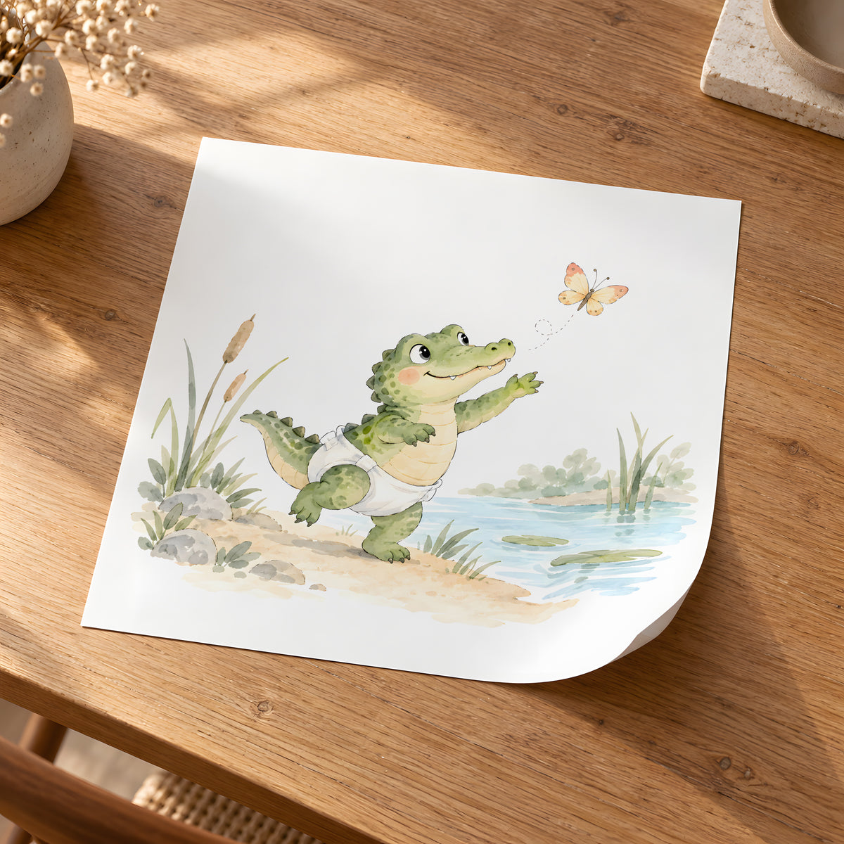 Bébé crocodile en couche blanche tend la patte vers un papillon : poster seul, 30 × 30 cm, en situation