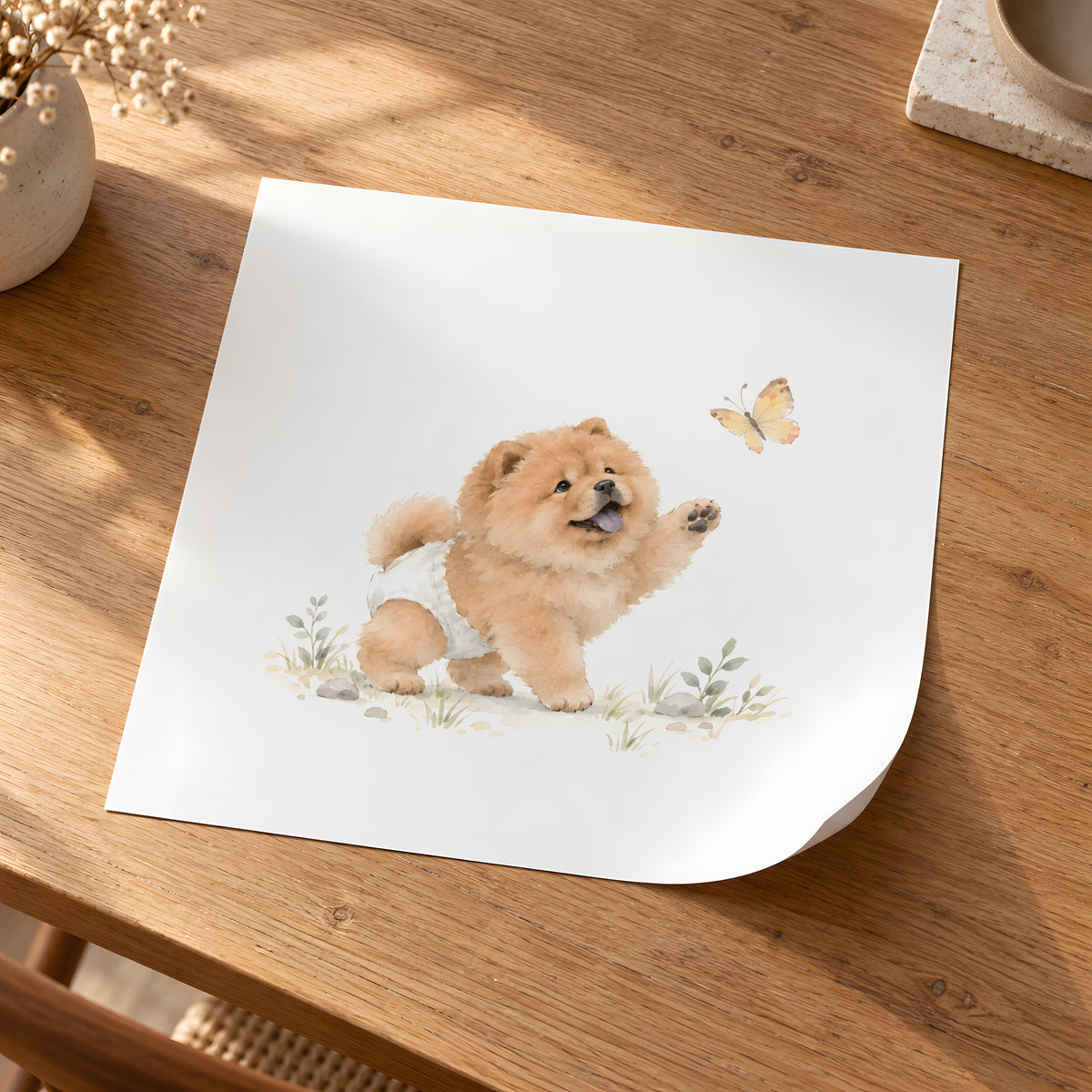 Petit chow chow en couche blanche essaie de saisir un papillon : poster seul, 30 × 30 cm, en situation