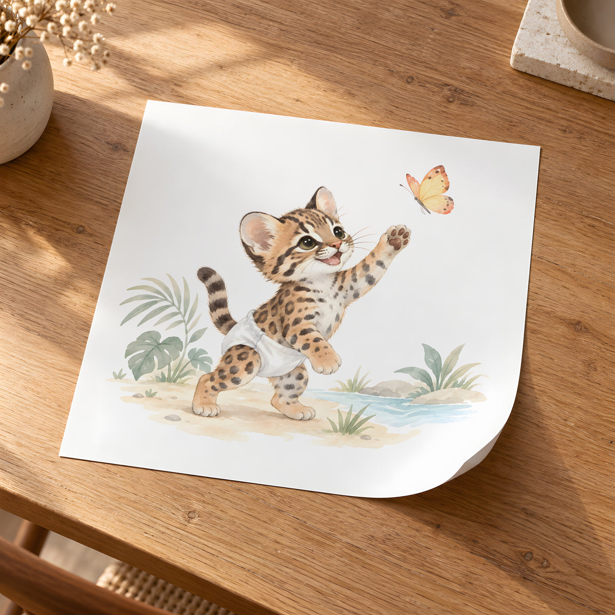 Baby Ocelot in a White Diaper Lifts a Paw to Catch a Butterfly: unframed poster, 30 × 30 cm, styled in a room
