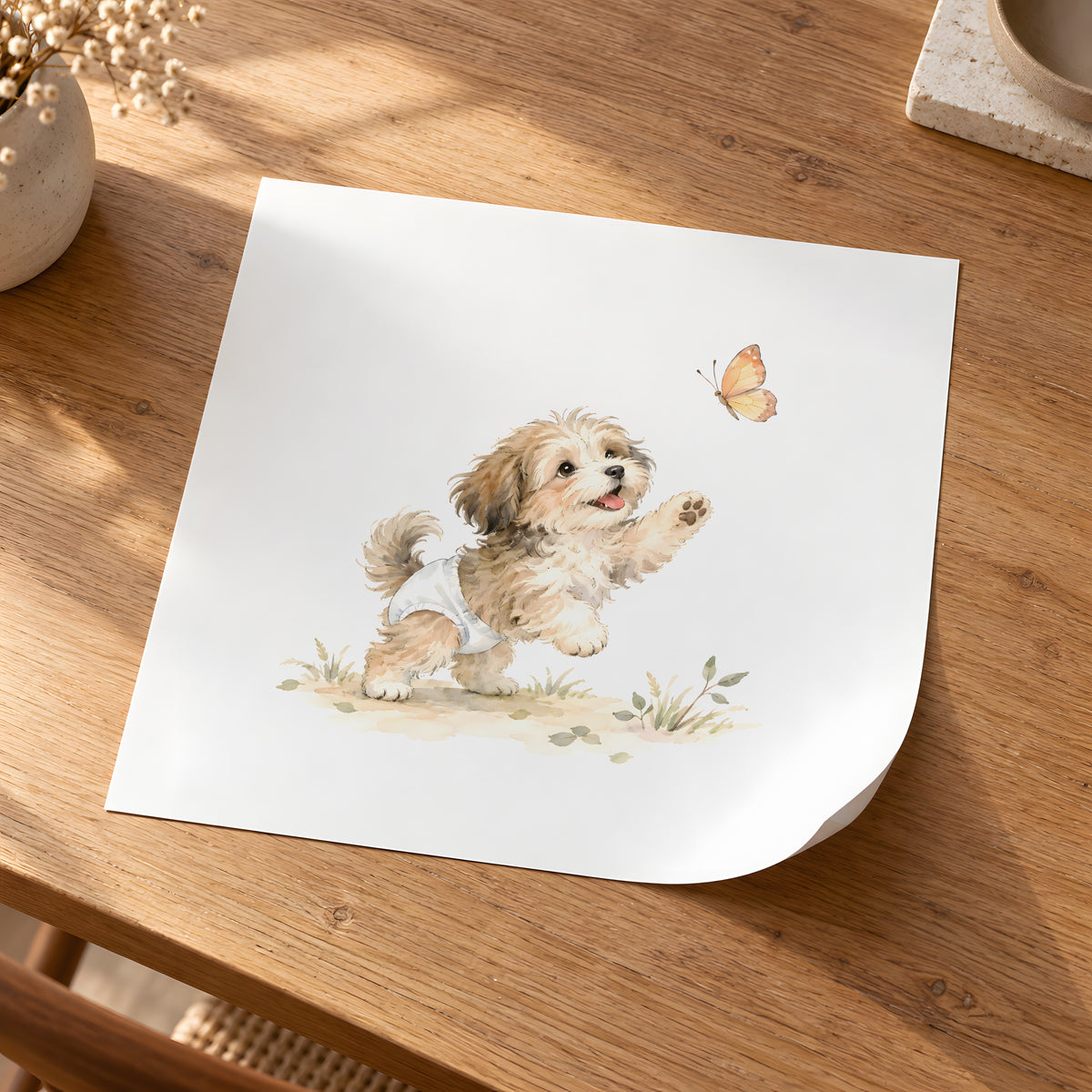 Bébé bichon havanais en couche blanche tend les pattes vers un papillon : poster seul, 30 × 30 cm, en situation