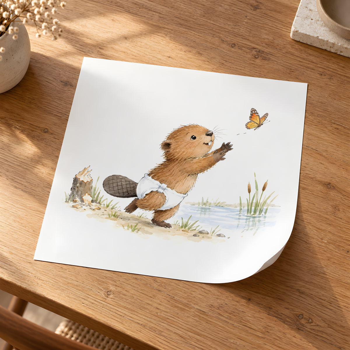 Bébé castor en couche blanche essaie d’attraper un papillon sur la berge : poster seul, 30 × 30 cm, en situation