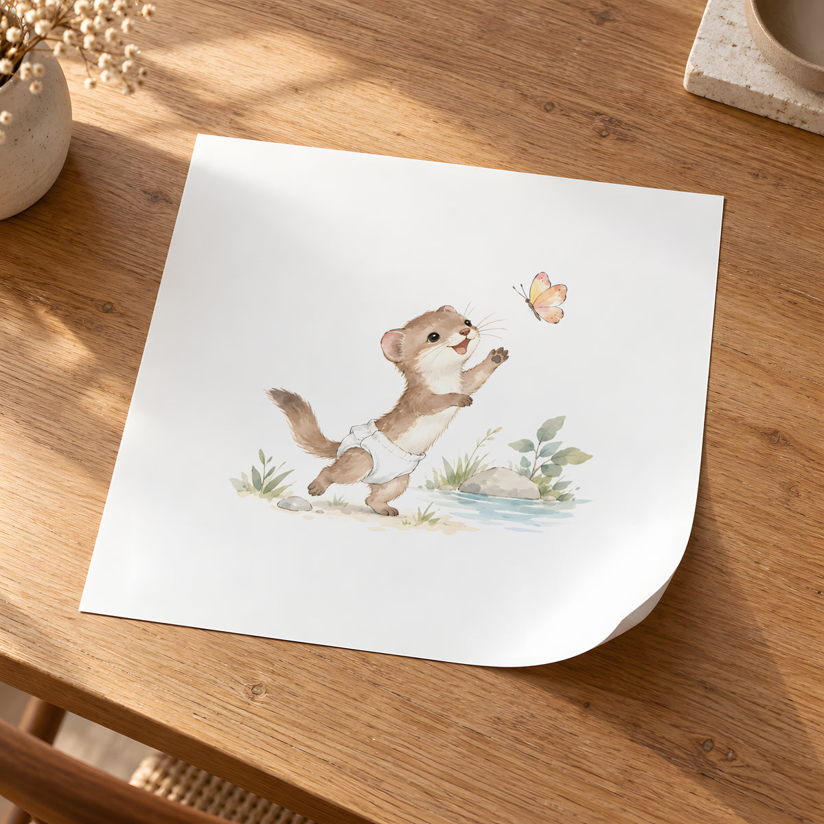 Baby Weasel in a White Diaper Reaching for a Butterfly: unframed poster, 30 × 30 cm, styled in a room