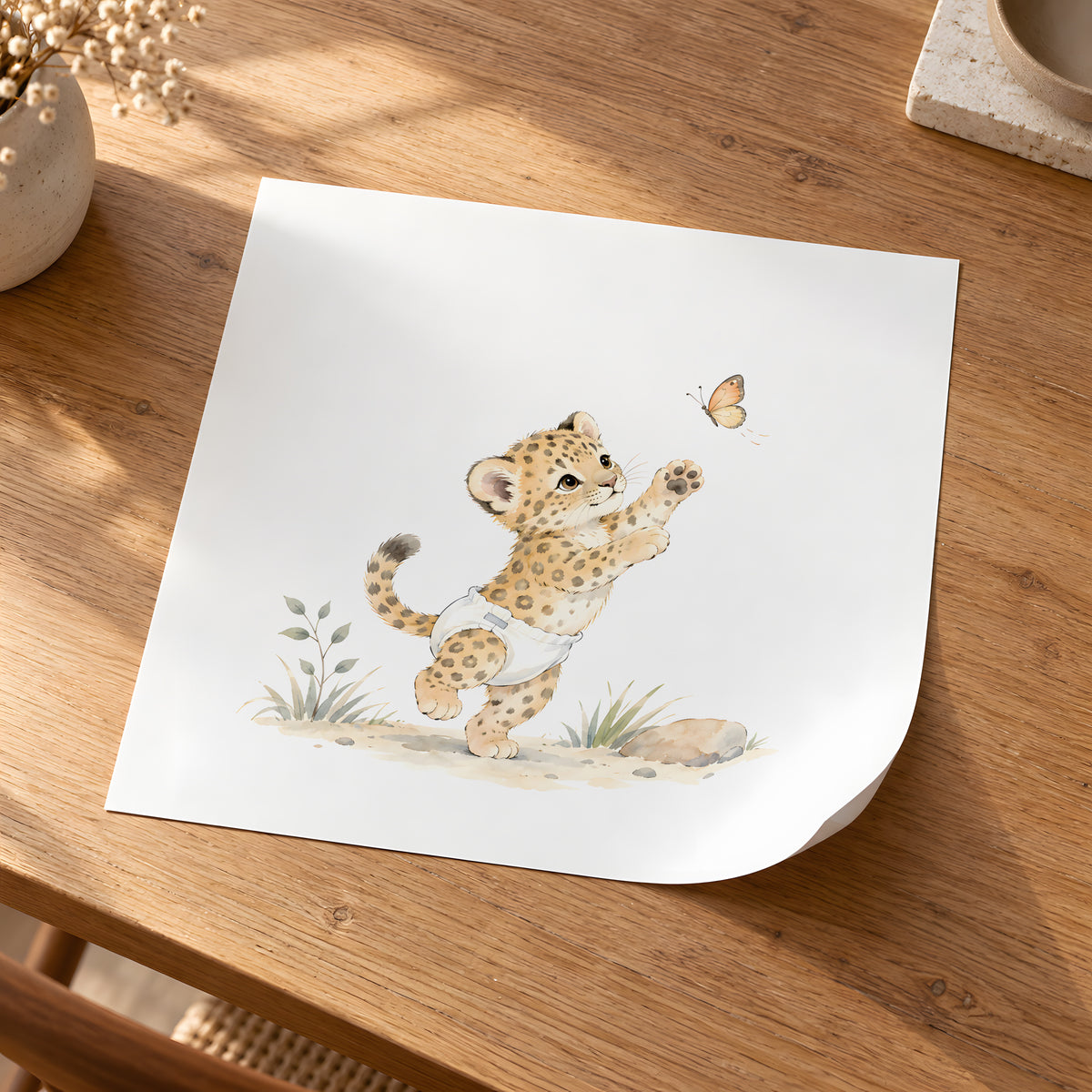 Bébé léopard en couche blanche poursuit un papillon : poster seul, 30 × 30 cm, en situation