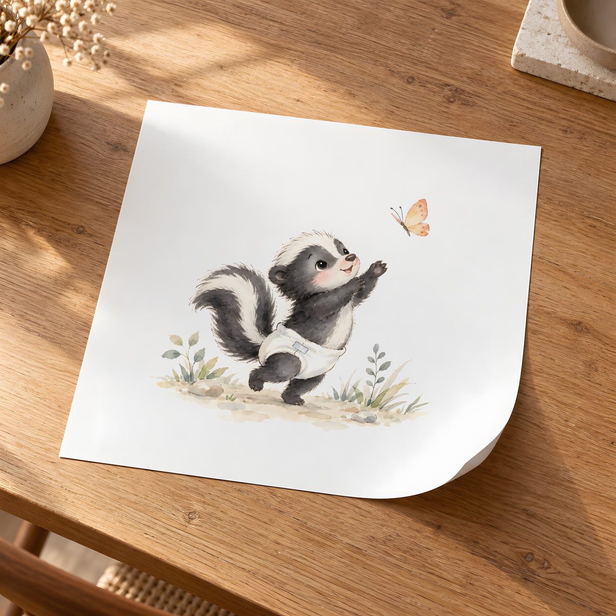 Bébé mouffette en couche blanche tend les pattes vers un papillon : poster seul, 30 × 30 cm, en situation
