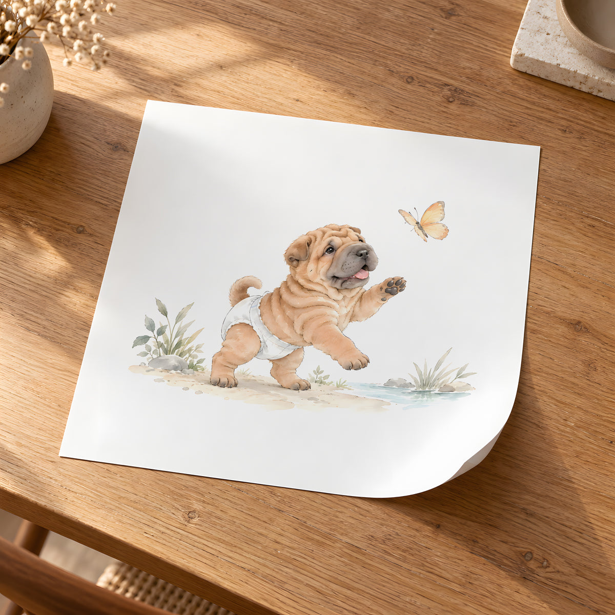 Bébé shar pei en couche blanche essaie d’attraper un papillon : poster seul, 30 × 30 cm, en situation
