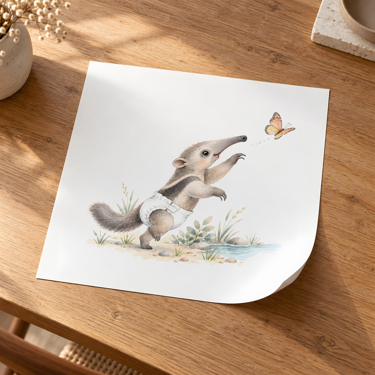 Baby Anteater in a White Diaper Reaches for a Butterfly in the Grass: unframed poster, 30 × 30 cm, styled in a room