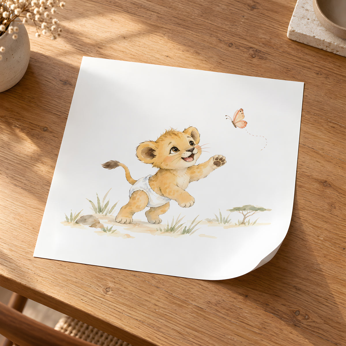 Lionceau en couche blanche tend les pattes vers un papillon : poster seul, 30 × 30 cm, en situation