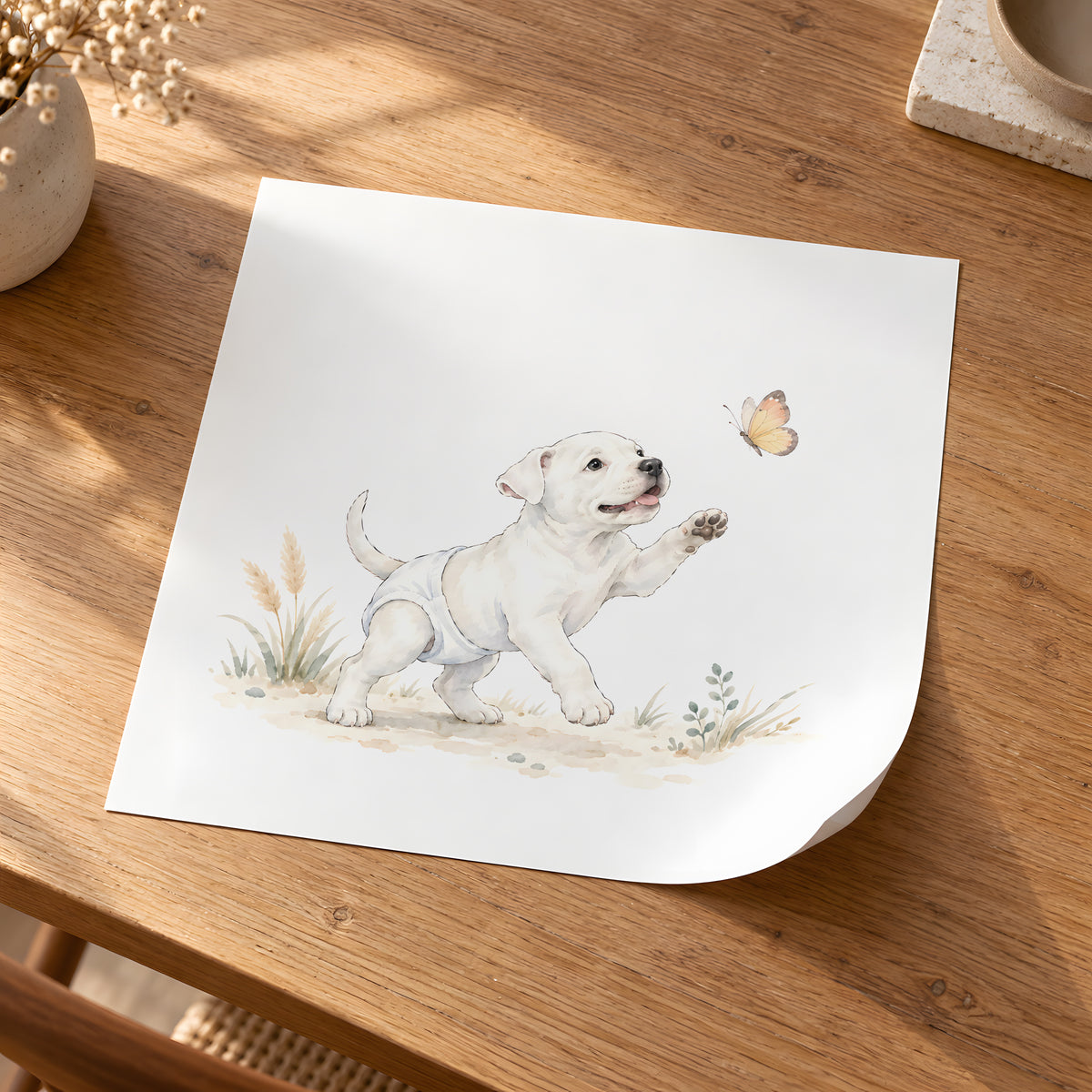Bébé dogue argentin en couche blanche tente de saisir un papillon : poster seul, 30 × 30 cm, en situation