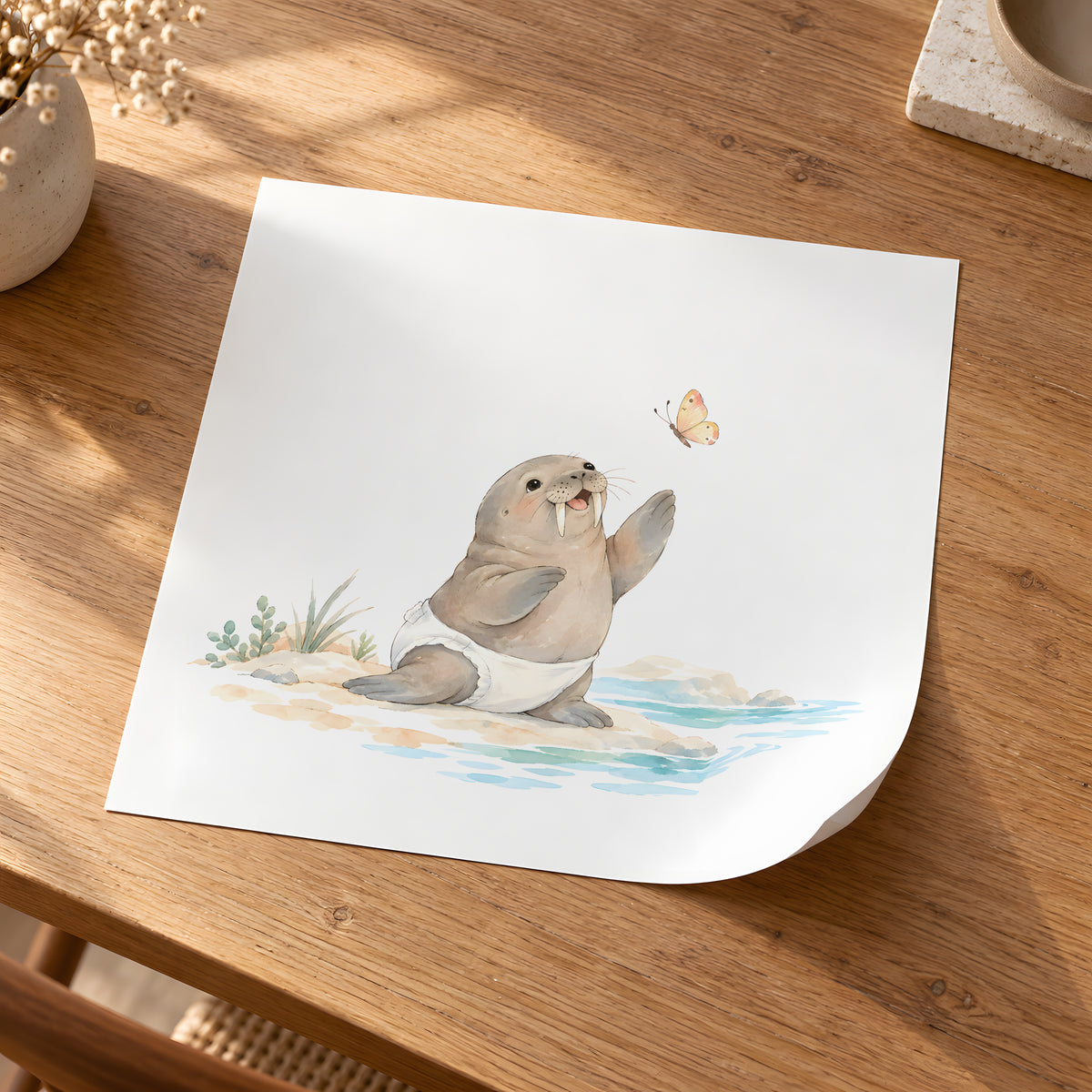 Bébé morse en couche blanche tente d’attraper un papillon : poster seul, 30 × 30 cm, en situation
