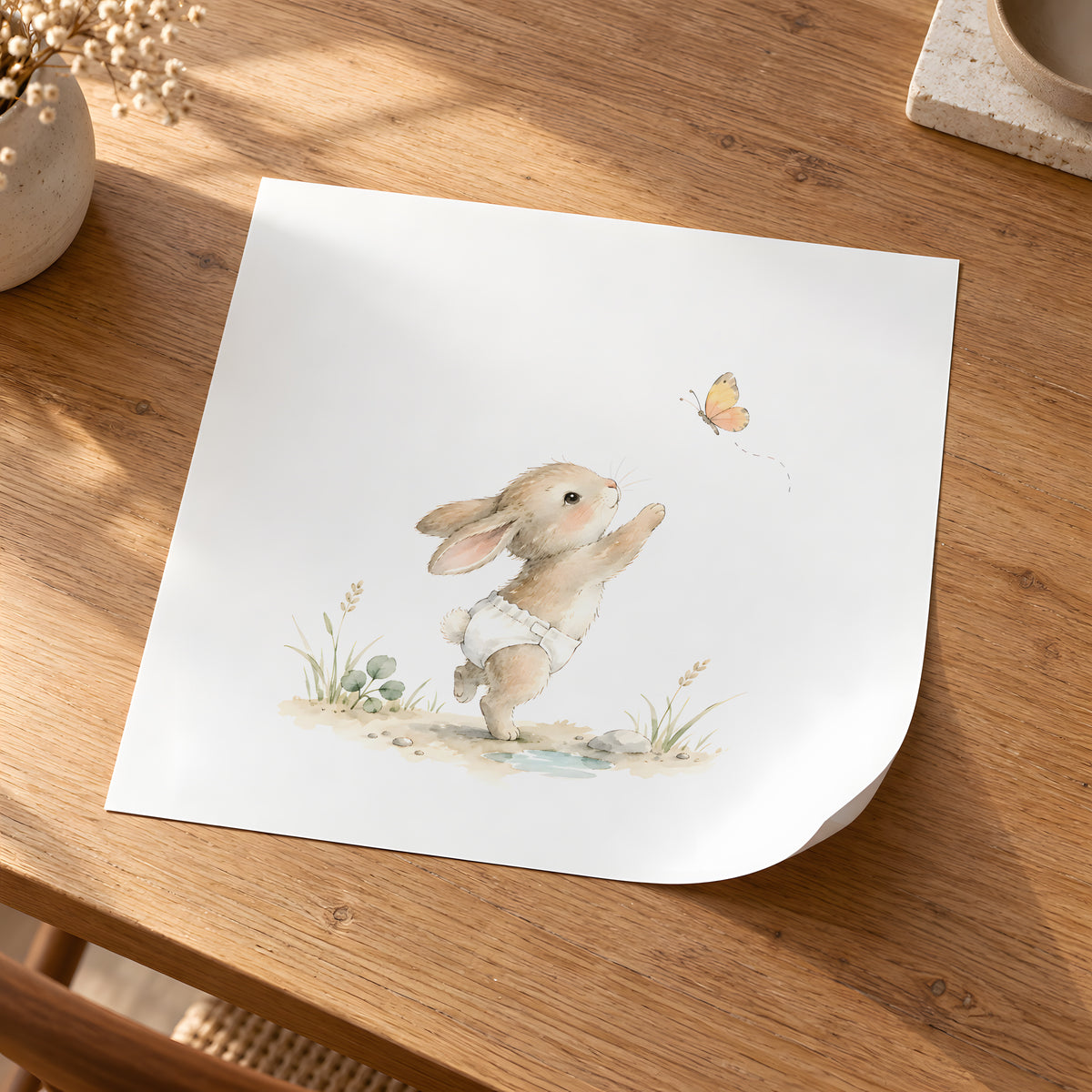 Bébé lapin en couche blanche tend les pattes vers un papillon : poster seul, 30 × 30 cm, en situation