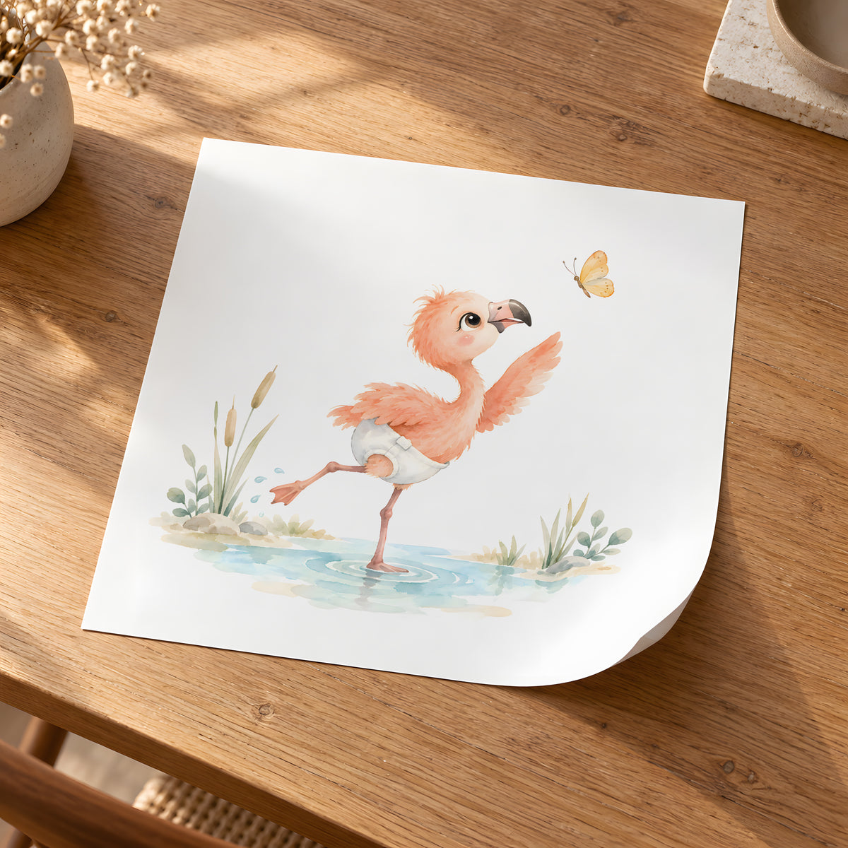 Bébé flamant rose en couche blanche poursuit un papillon près de l’eau : poster seul, 30 × 30 cm, en situation