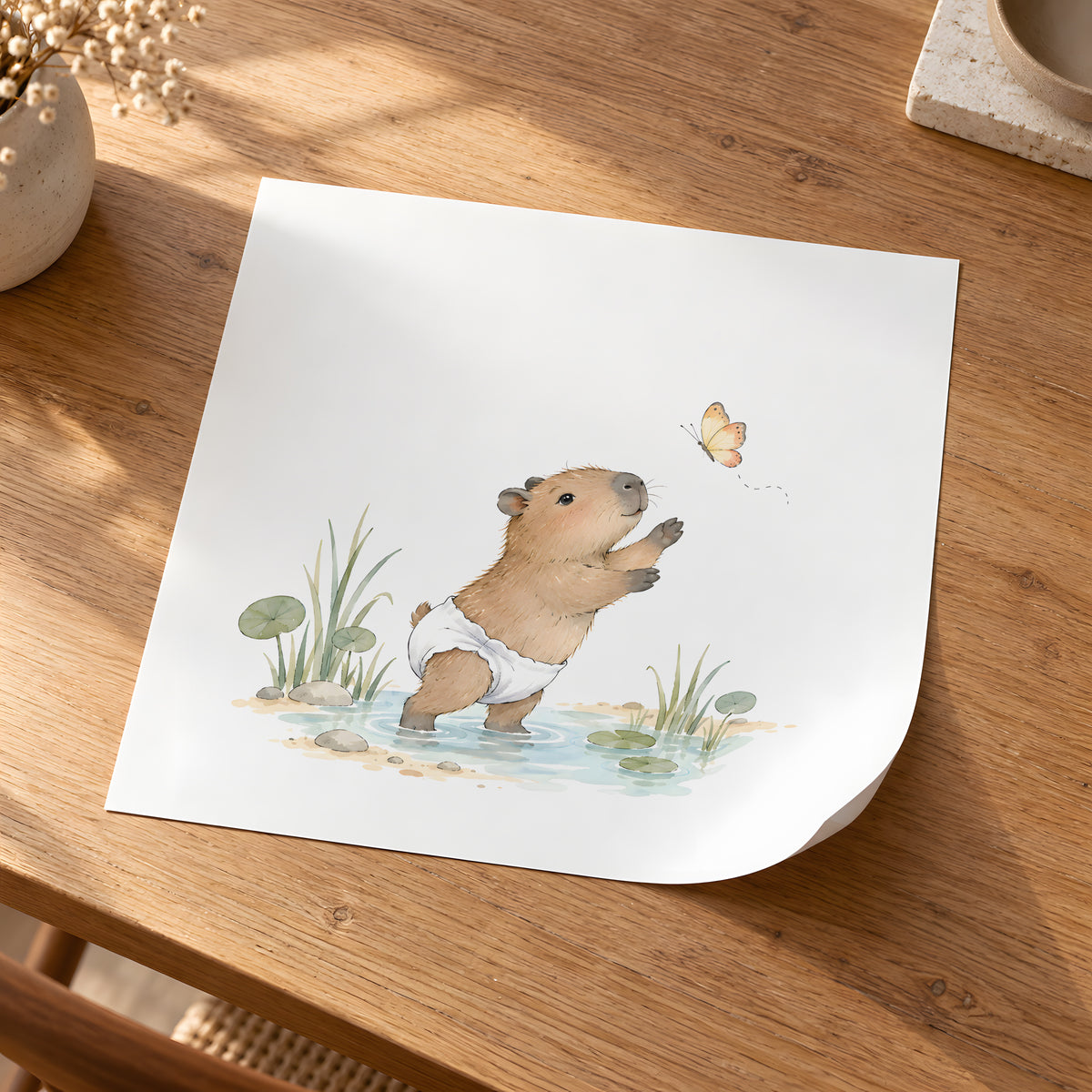 Bébé capybara au bord de l’eau tente d’attraper un papillon : poster seul, 30 × 30 cm, en situation