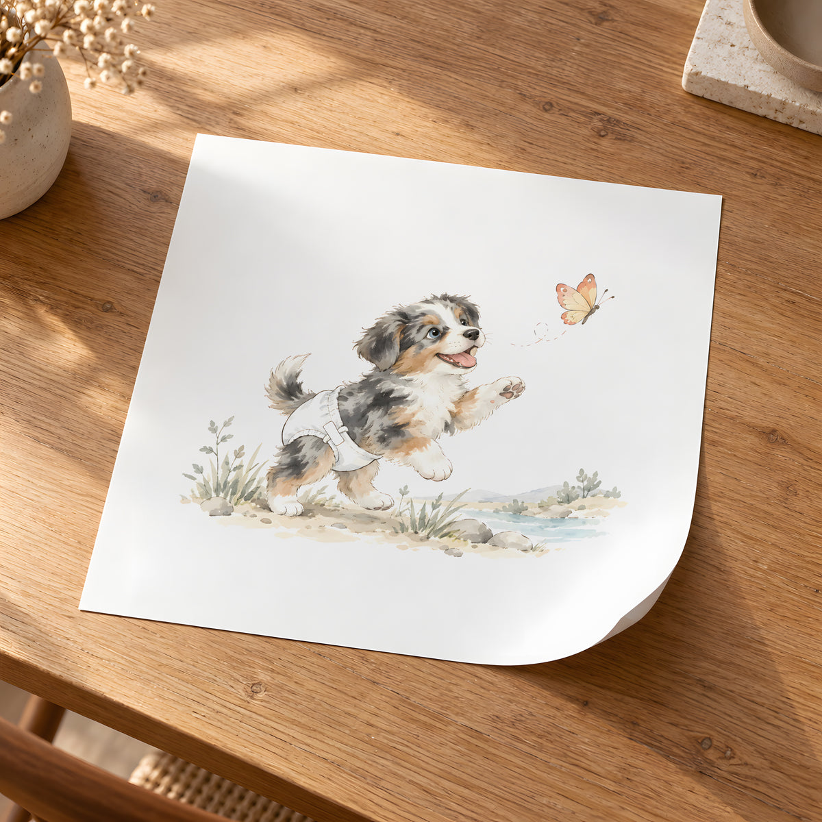 Bébé berger australien en couche blanche à la poursuite d’un papillon : poster seul, 30 × 30 cm, en situation