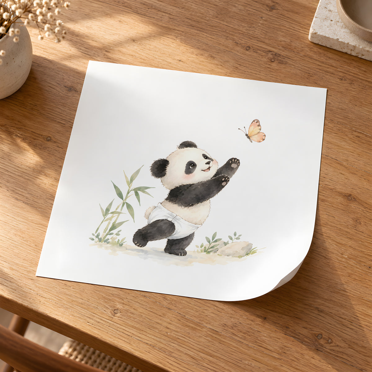 Bébé panda en couche blanche essaie d’attraper un papillon : poster seul, 30 × 30 cm, en situation
