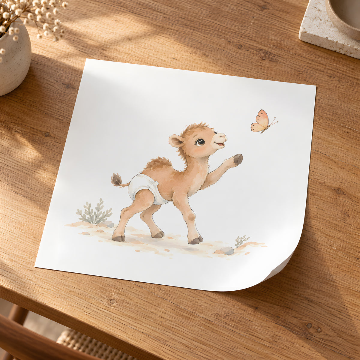 Bébé chameau poursuit un papillon sur le sable : poster seul, 30 × 30 cm, en situation