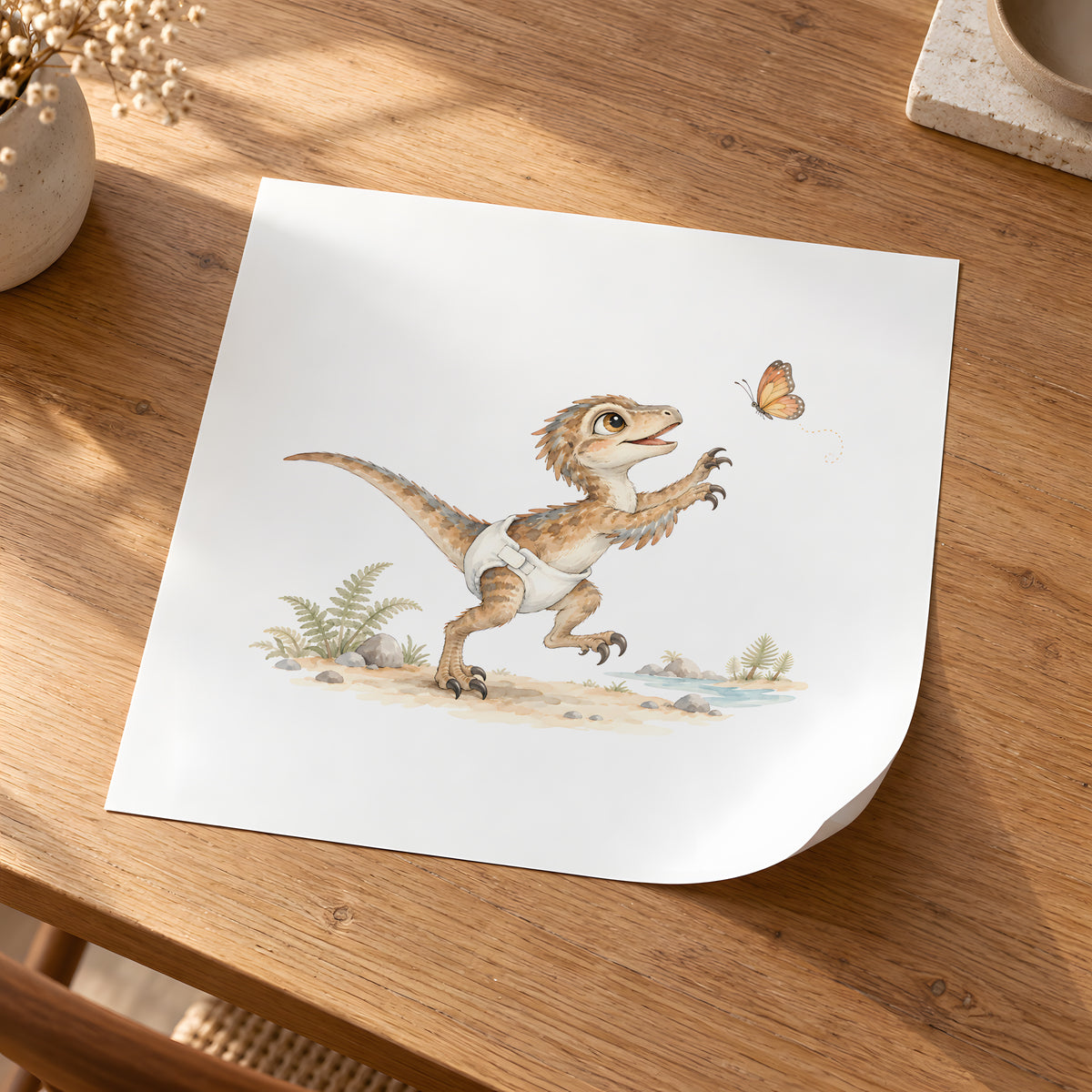 Bébé vélociraptor en couche blanche essaie d’attraper un papillon : poster seul, 30 × 30 cm, en situation