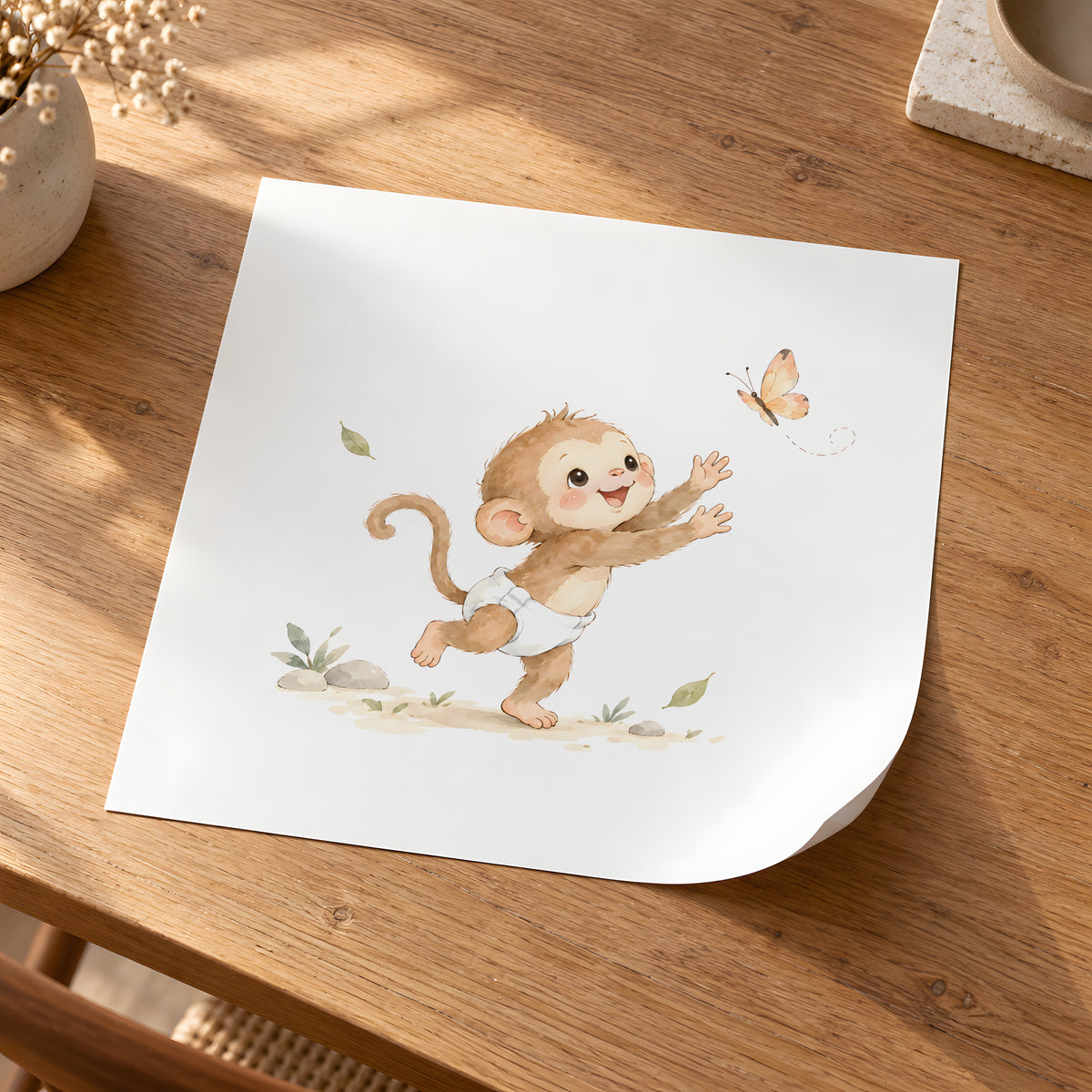 Baby Monkey in a White Diaper Reaches for a Butterfly: unframed poster, 30 × 30 cm, styled in a room