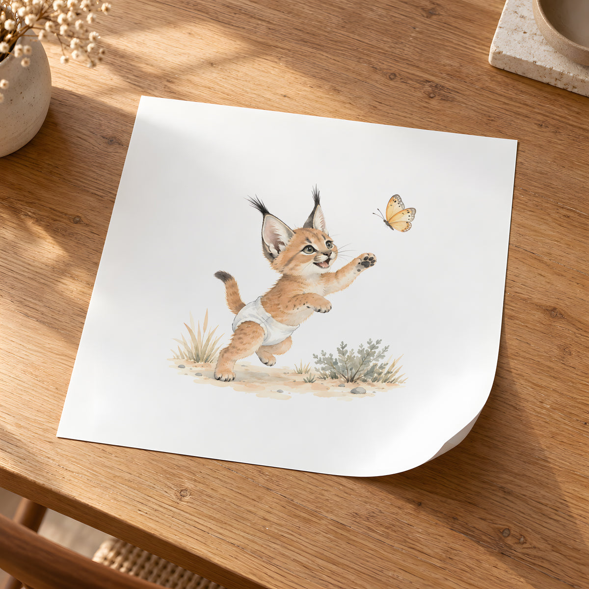 Baby Caracal in a White Diaper Tries to Catch a Butterfly: unframed poster, 30 × 30 cm, styled in a room