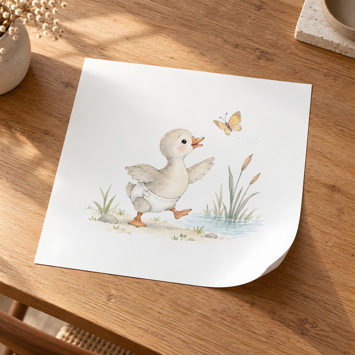 Petit oison en couche blanche tente d’attraper un papillon : poster seul, 30 × 30 cm, en situation