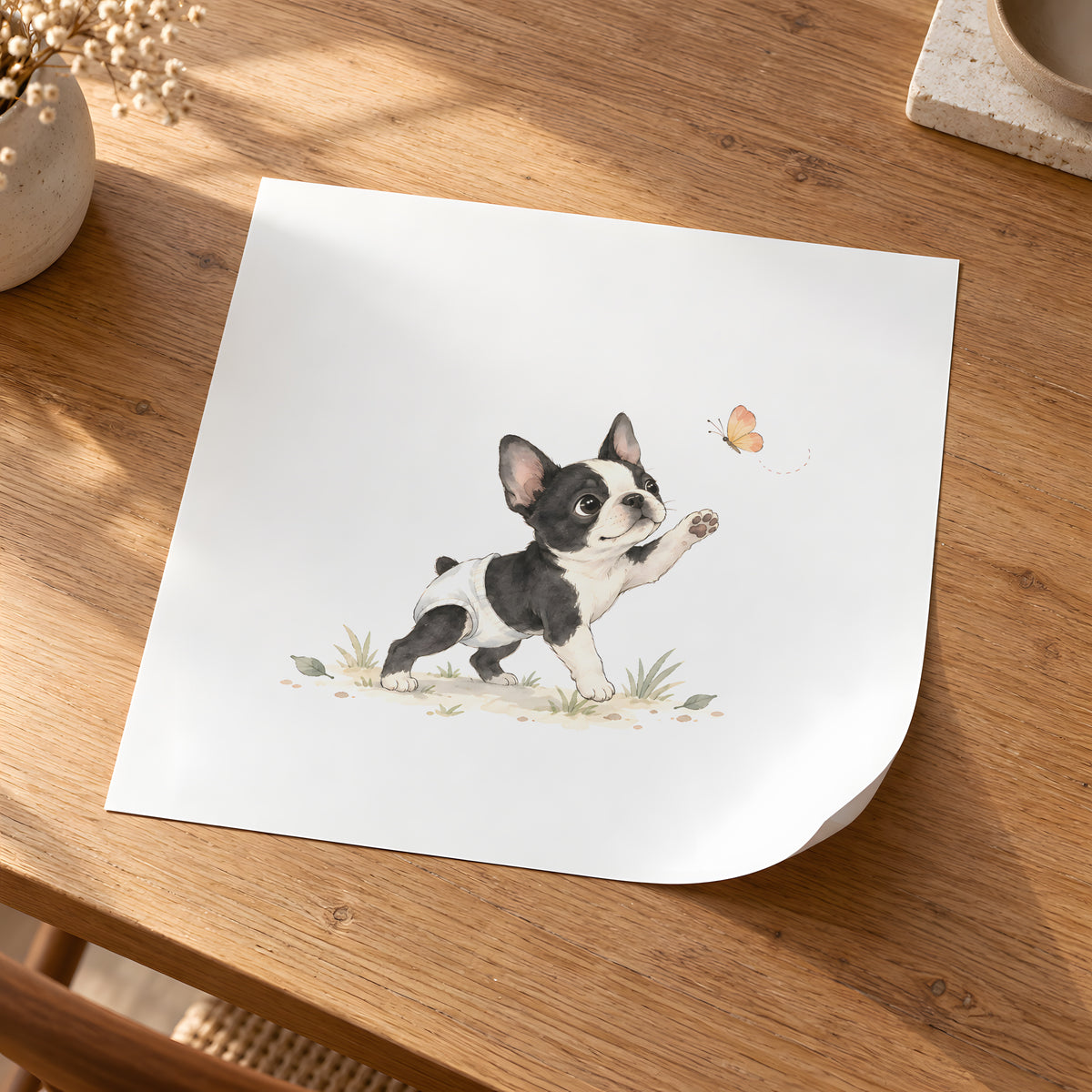Bébé boston terrier en couche blanche essaie d’attraper un papillon : poster seul, 30 × 30 cm, en situation