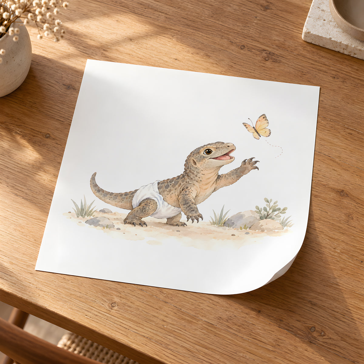 Baby Komodo Dragon in a White Diaper Chases a Butterfly: unframed poster, 30 × 30 cm, styled in a room