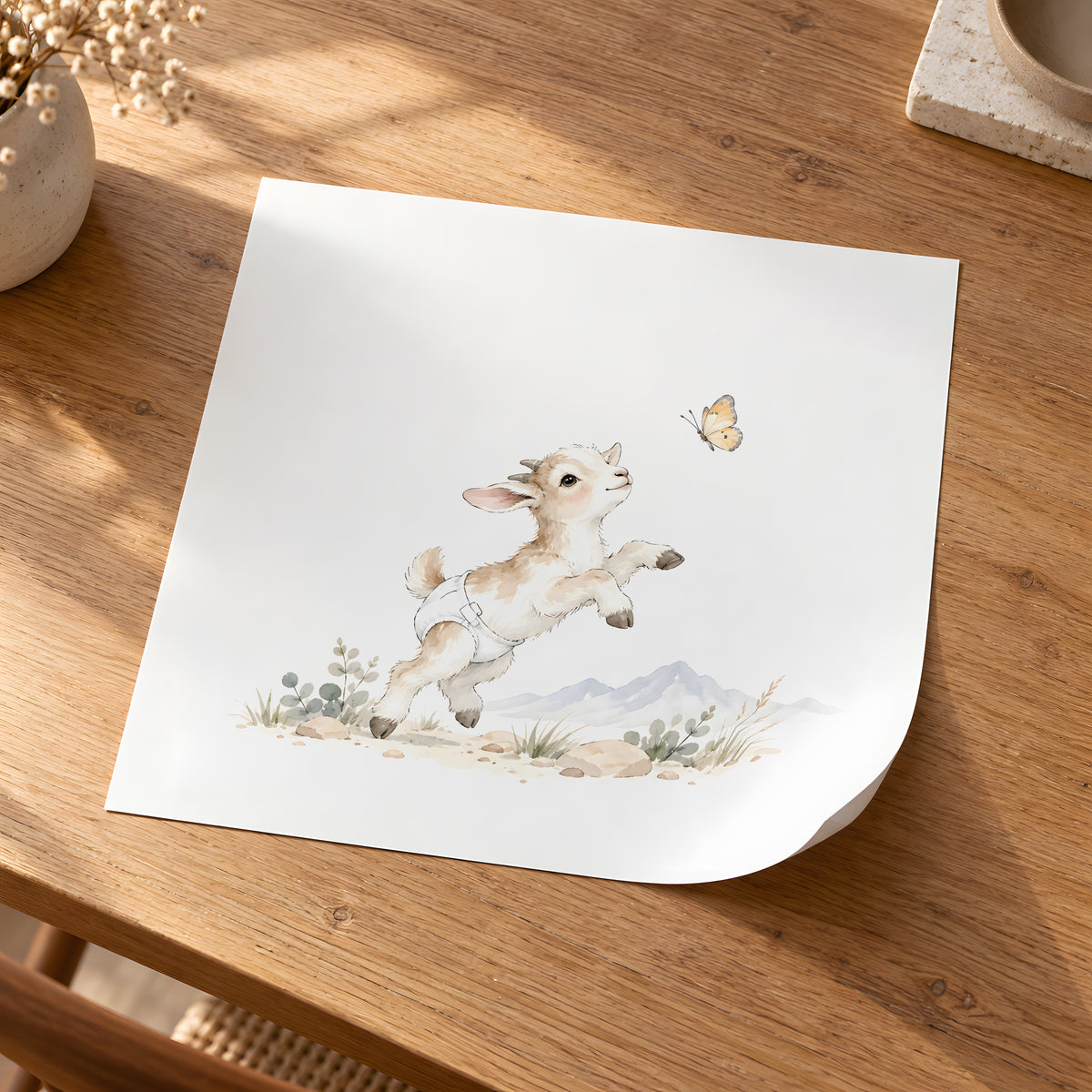 Petit chevreau en couche blanche à la poursuite d’un papillon : poster seul, 30 × 30 cm, en situation