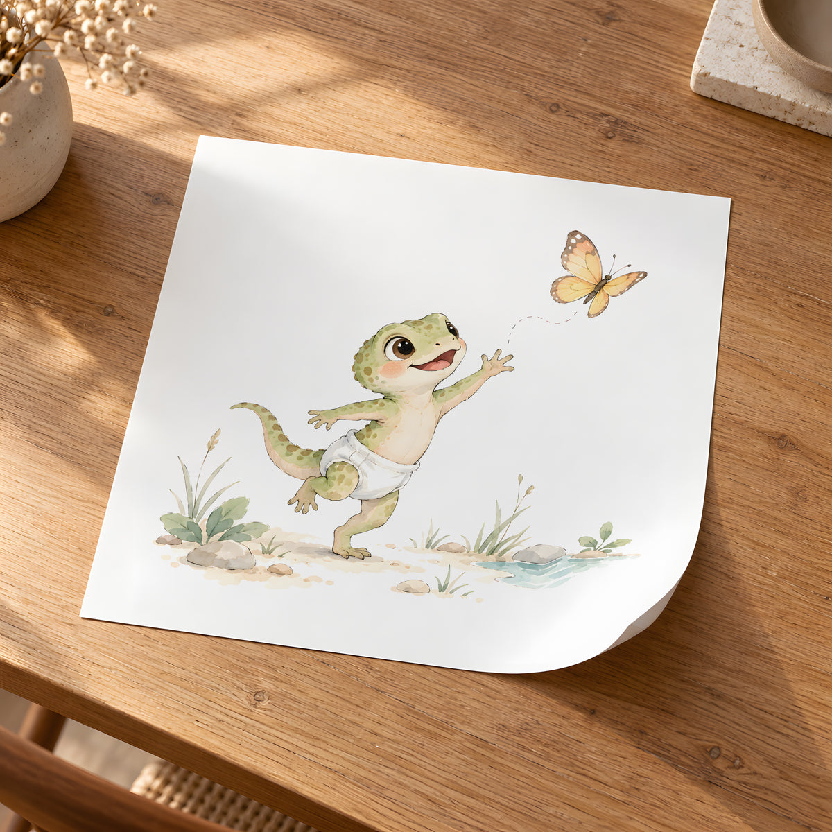 Bébé lézard en couche blanche essaie d’attraper un papillon : poster seul, 30 × 30 cm, en situation